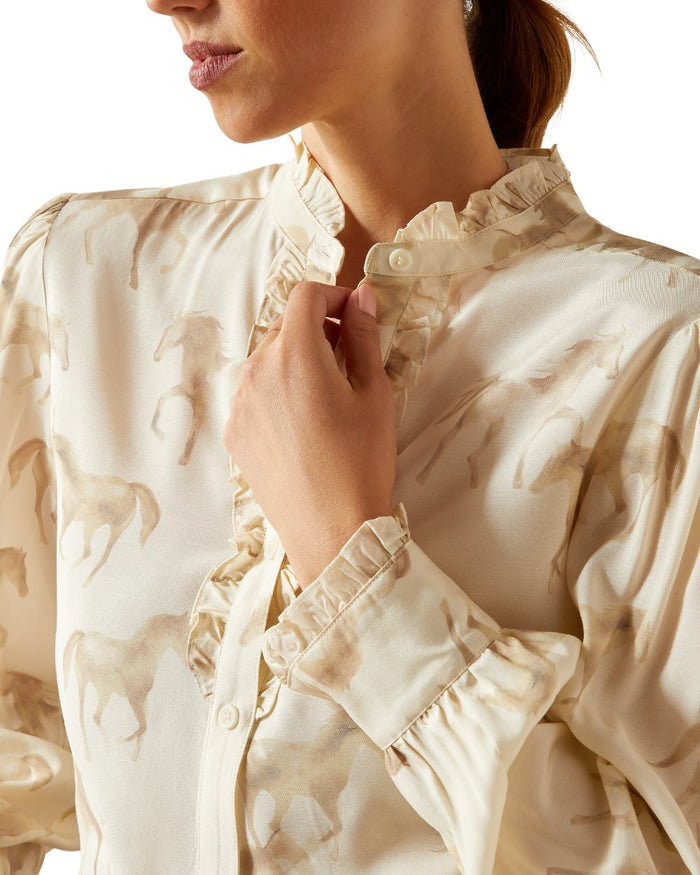 Watercolor Horse Print coloured Ariat Womens Cricklade Blouse on white background #colour_watercolor-horse-print