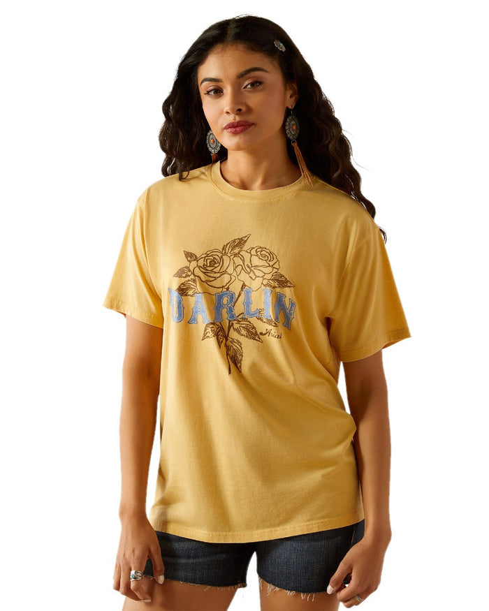 Rattan coloured Ariat Womens Darlin Rose T-Shirt on white background #colour_rattan