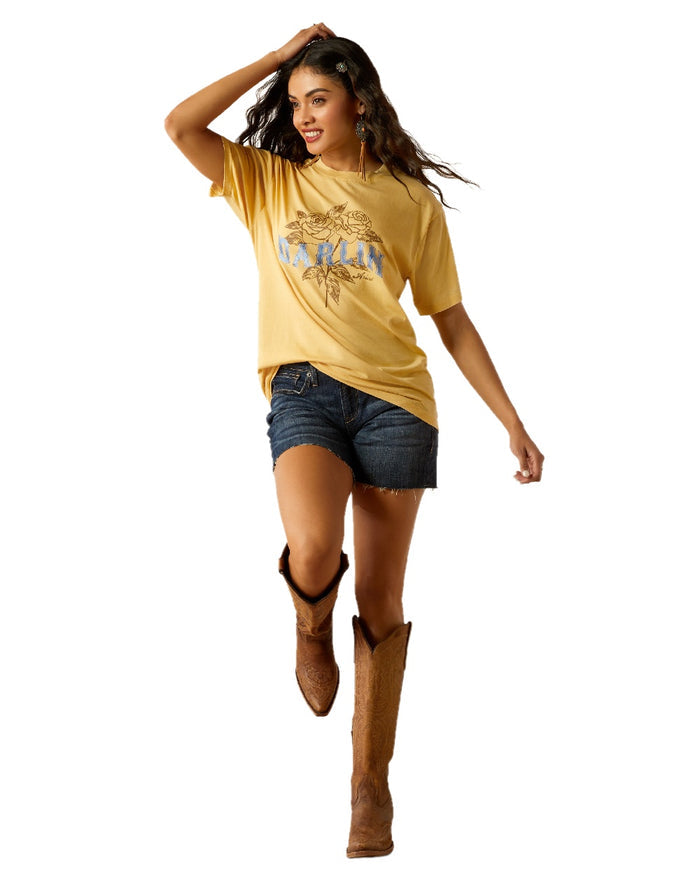 Rattan coloured Ariat Womens Darlin Rose T-Shirt on white background #colour_rattan