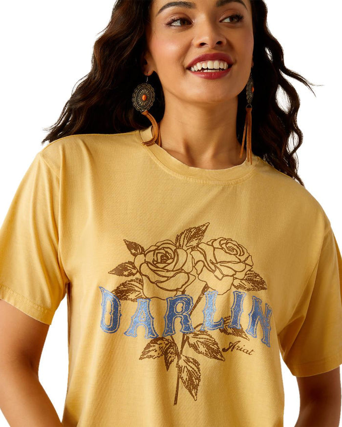 Rattan coloured Ariat Womens Darlin Rose T-Shirt on white background #colour_rattan