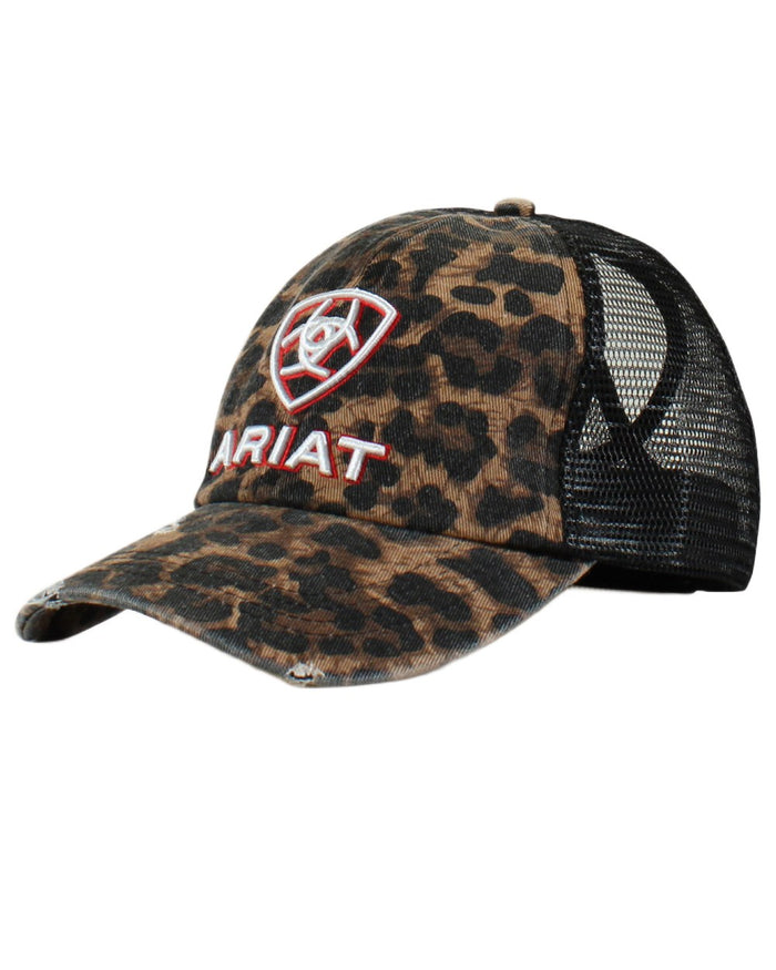 Black coloured Ariat Womens Embossed Logo Cheetah Print Cap on white background #colour_black
