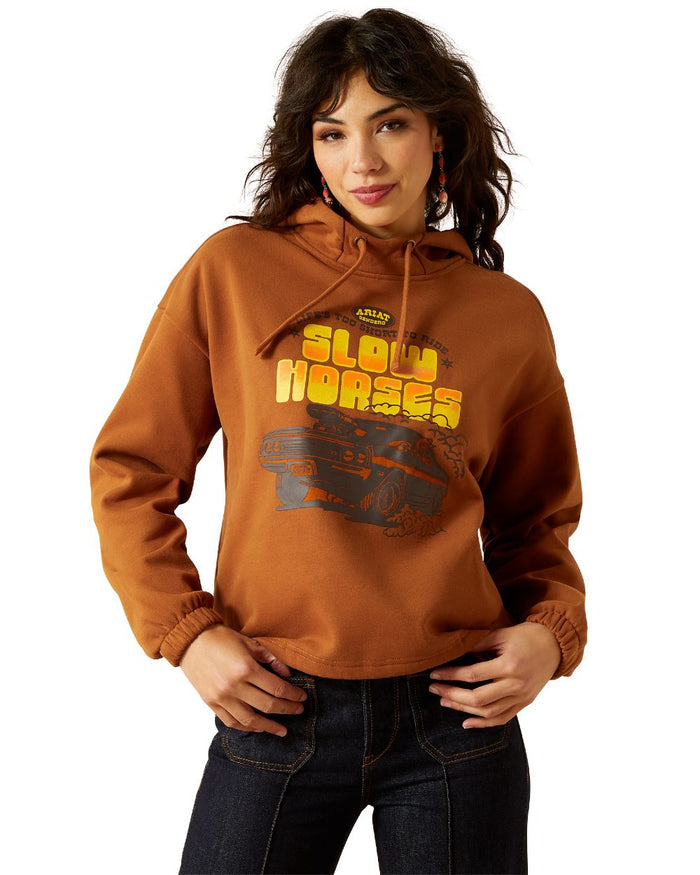 Glazed Ginger Coloured Ariat Womens Essential Sendero Slow Horses Hoodie on white background #colour_glazed-ginger