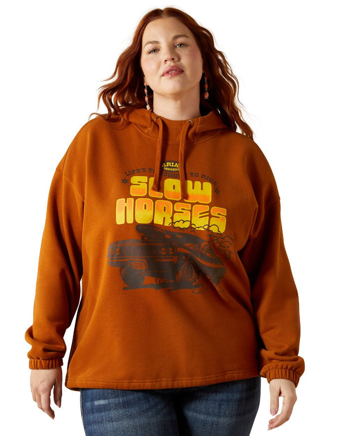 Glazed Ginger Coloured Ariat Womens Essential Sendero Slow Horses Hoodie on white background #colour_glazed-ginger