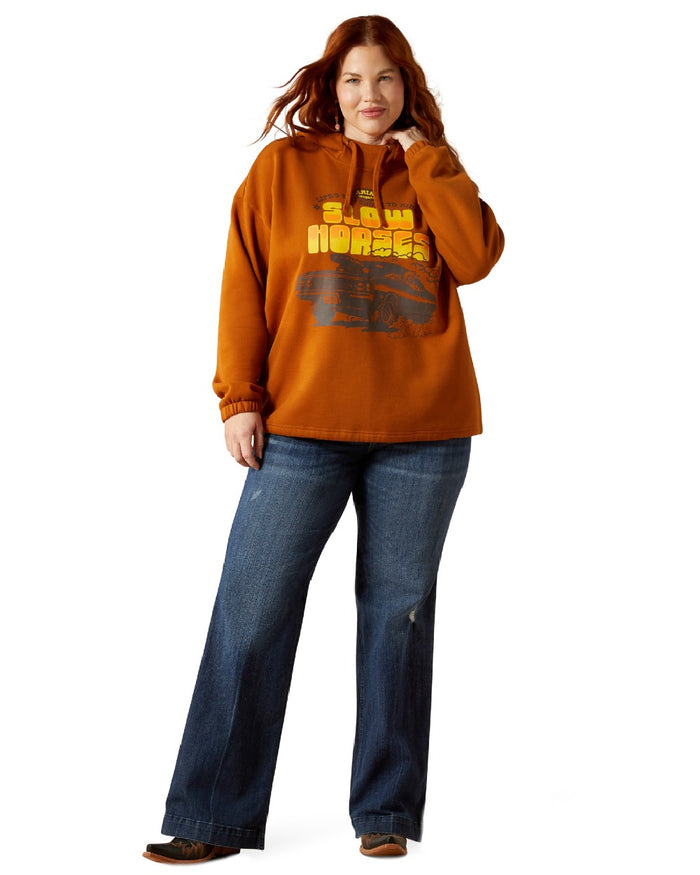 Glazed Ginger Coloured Ariat Womens Essential Sendero Slow Horses Hoodie on white background #colour_glazed-ginger