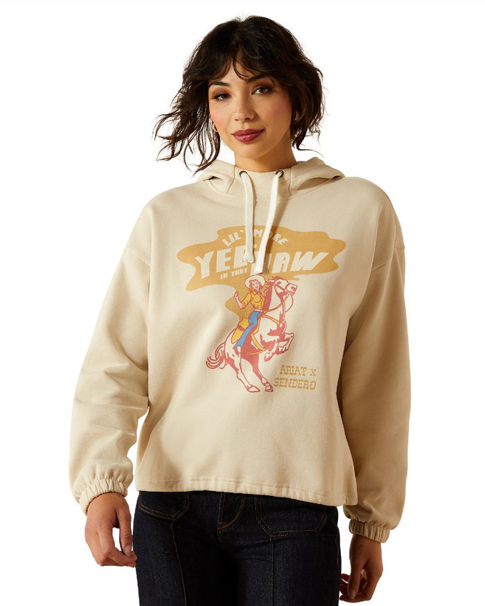 Oyster Grey Coloured Ariat Womens Essential Sendero Yeehaw Hoodie on white background #colour_oyster-grey