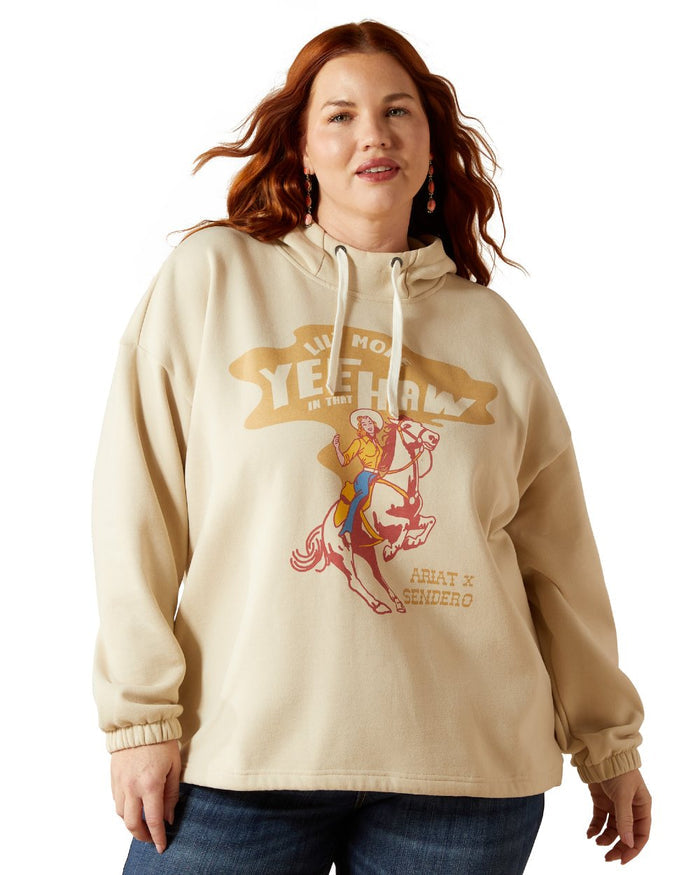 Oyster Grey Coloured Ariat Womens Essential Sendero Yeehaw Hoodie on white background #colour_oyster-grey