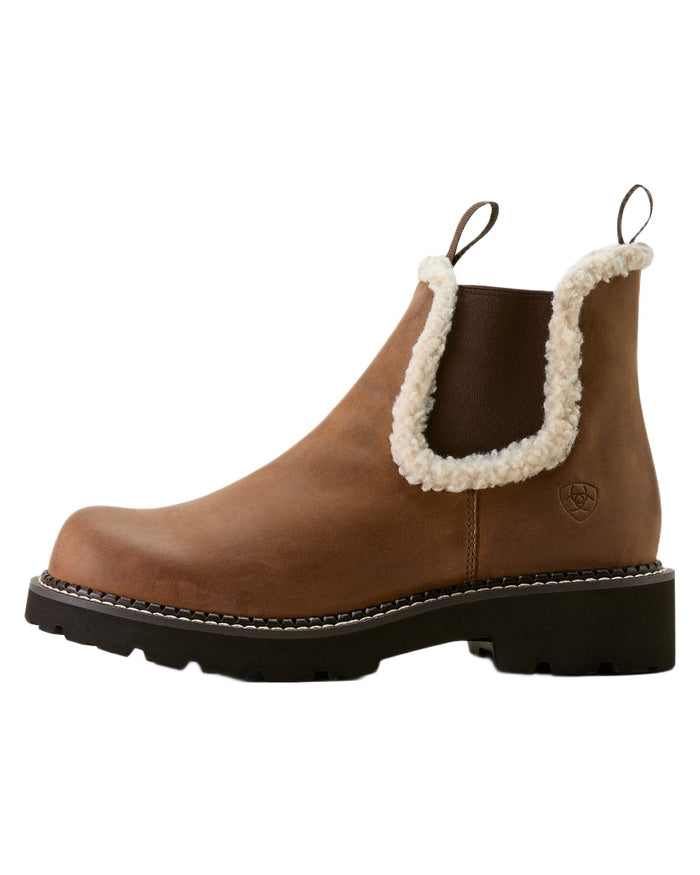 Distressed Brown coloured Ariat Womens Fatbaby Chelsea Cozy Western Boots on white background #colour_distressed-brown