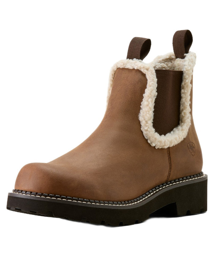 Distressed Brown coloured Ariat Womens Fatbaby Chelsea Cozy Western Boots on white background #colour_distressed-brown
