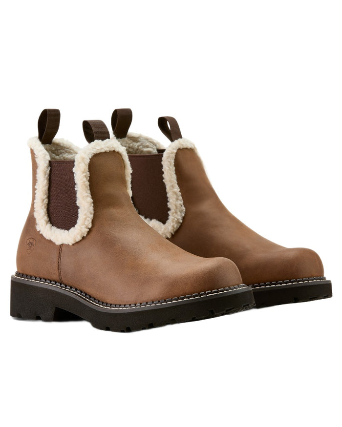 Distressed Brown coloured Ariat Womens Fatbaby Chelsea Cozy Western Boots on white background #colour_distressed-brown