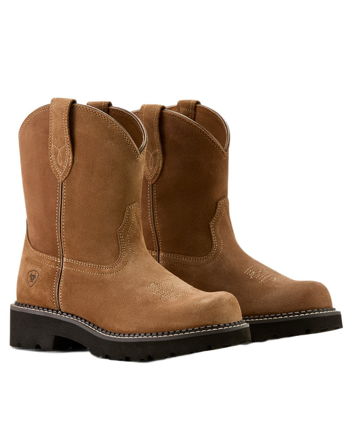 Crushed Peanut coloured Ariat Womens Fatbaby Slouch Western Boots on white background #colour_crushed-peanut