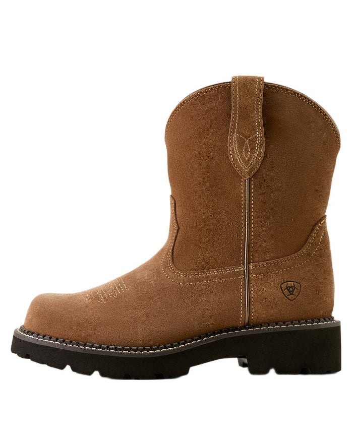 Crushed Peanut coloured Ariat Womens Fatbaby Slouch Western Boots on white background #colour_crushed-peanut