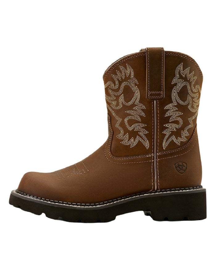 Sassy Brown coloured Ariat Womens Fatbaby Western Boots on white background #colour_sassy-brown