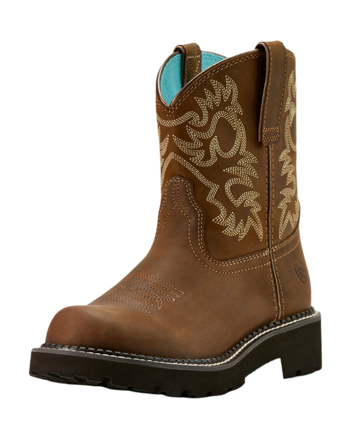 Sassy Brown coloured Ariat Womens Fatbaby Western Boots on white background #colour_sassy-brown