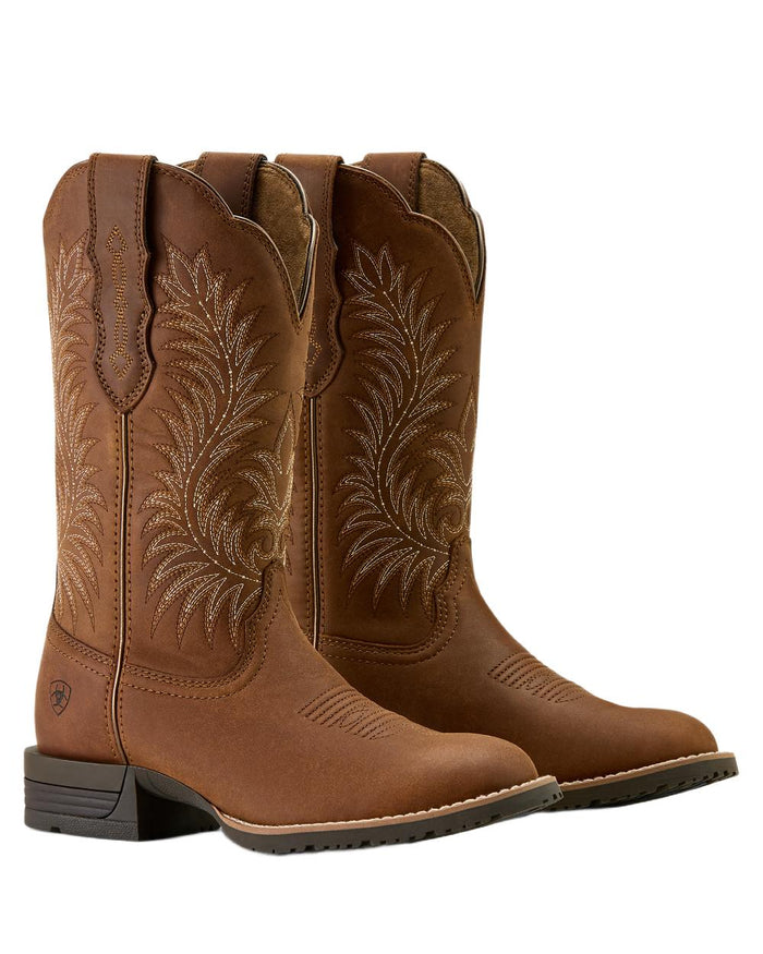 Frontier Brown coloured Ariat Womens Hybrid Ranchward W Toe Western Boots on white background #colour_frontier-brown