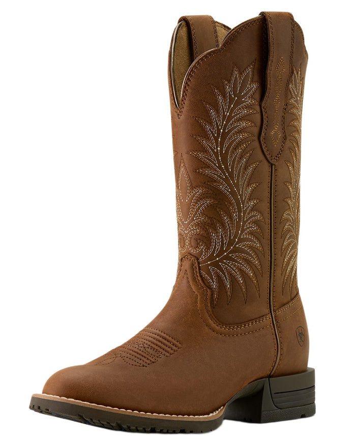 Frontier Brown coloured Ariat Womens Hybrid Ranchward W Toe Western Boots on white background #colour_frontier-brown