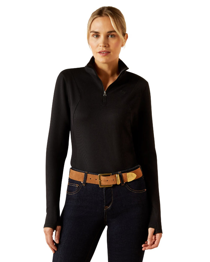 Black Coloured Ariat Womens Lucent Quarter Zip Baselayer on white background #colour_black