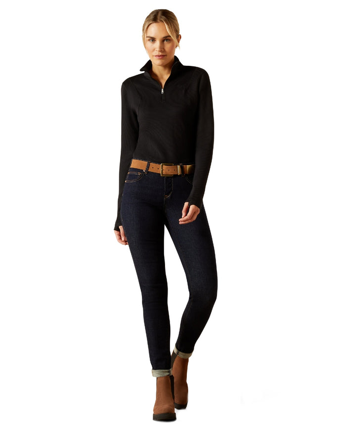 Black Coloured Ariat Womens Lucent Quarter Zip Baselayer on white background #colour_black