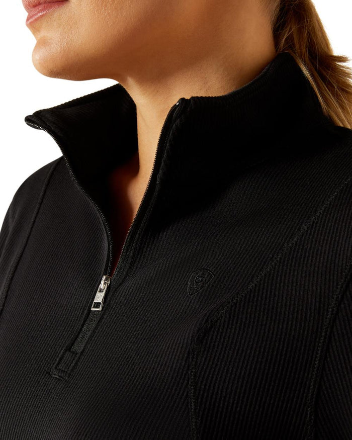 Black Coloured Ariat Womens Lucent Quarter Zip Baselayer on white background #colour_black