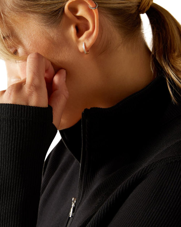Black Coloured Ariat Womens Lucent Quarter Zip Baselayer on white background #colour_black