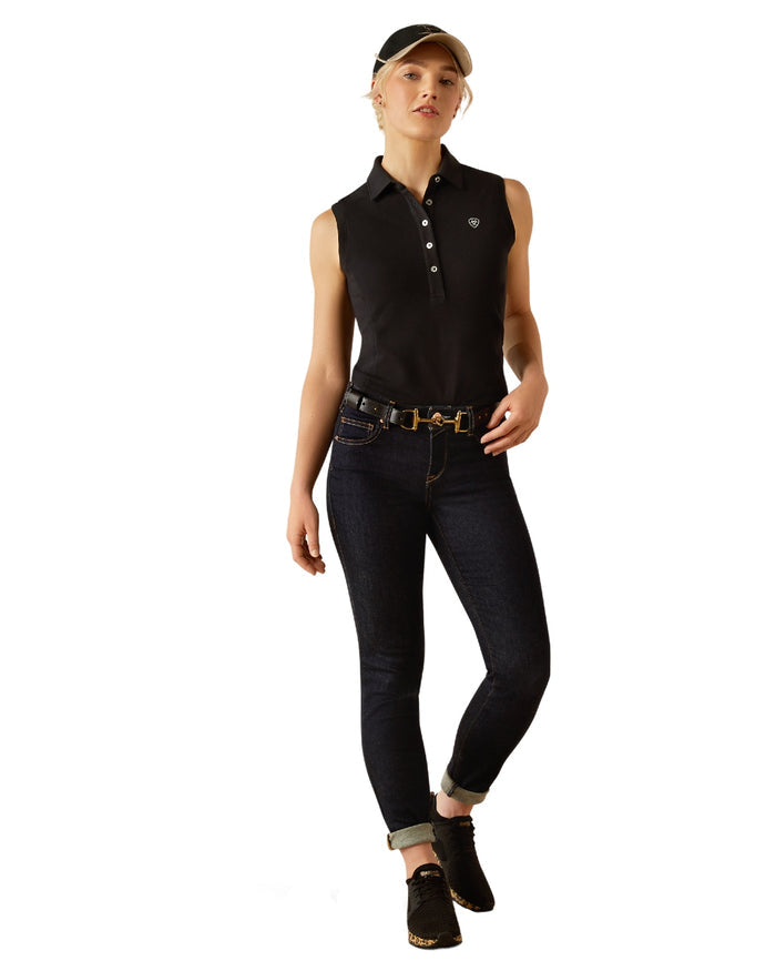 Black coloured Ariat Womens Prix 3.0 Sleeveless Polo Shirt on white background #colour_black