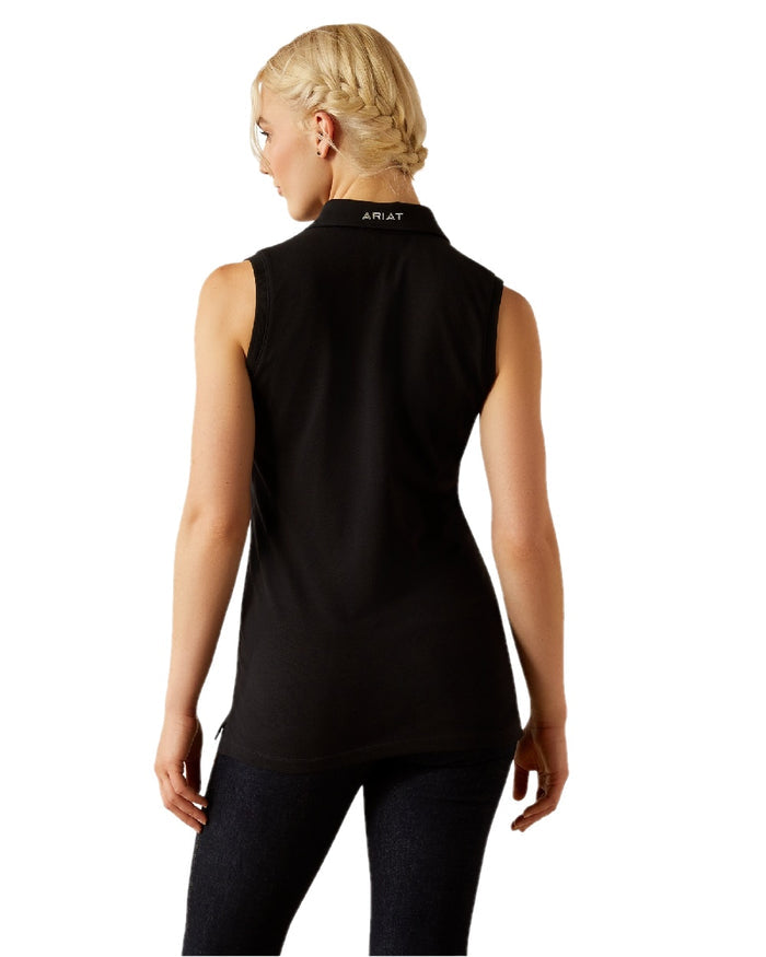 Black coloured Ariat Womens Prix 3.0 Sleeveless Polo Shirt on white background #colour_black