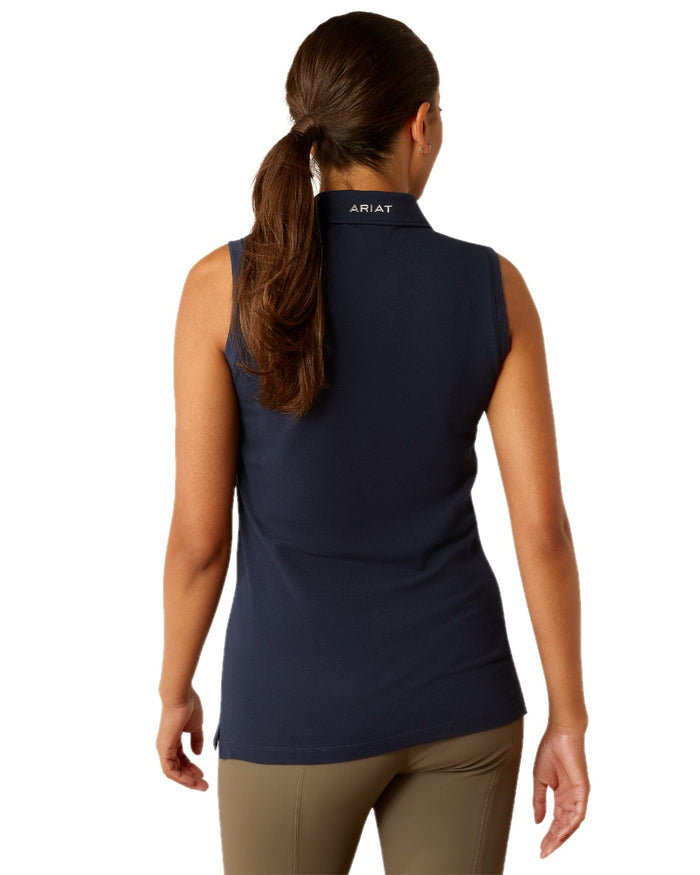 Navy Eclipse coloured Ariat Womens Prix 3.0 Sleeveless Polo Shirt on white background #colour_navy-eclipse