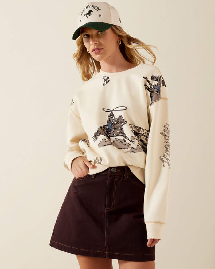 Yellow coloured Ariat Rancher Sweatshirt on beige background #colour_parchment