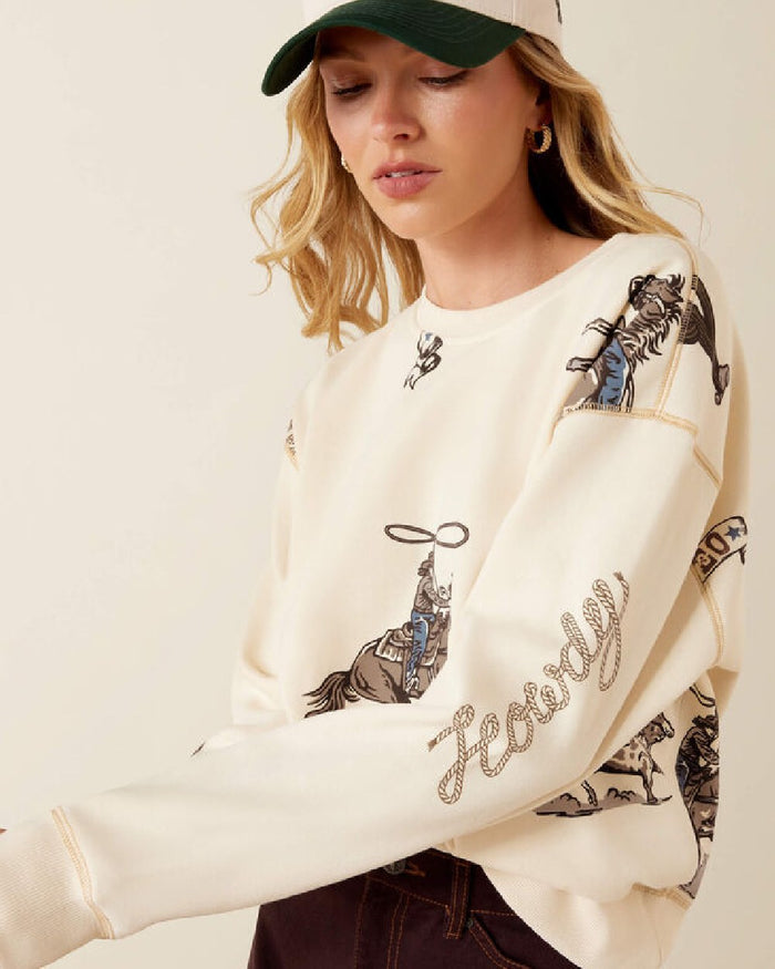 Yellow coloured Ariat Rancher Sweatshirt on beige background #colour_parchment