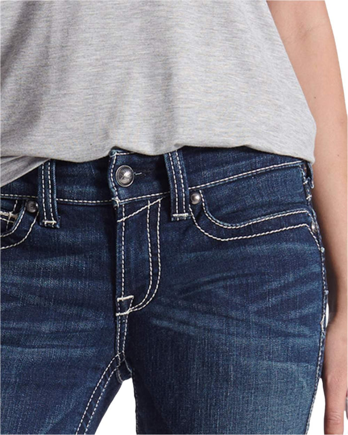 Ocean Coloured Ariat Womens Real Mid Rise Icon Stackable Straight Leg Jeans on white background #colour_ocean