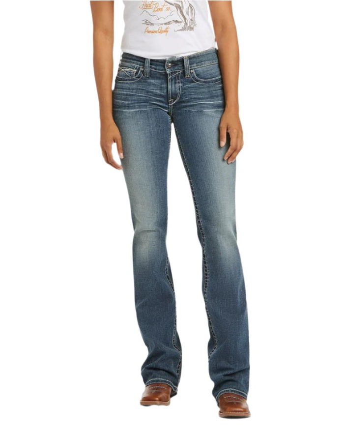 Rainstorm Coloured Ariat Womens Real Mid Rise Stretch Whipstitch Boot Cut Jeans on white background #colour_rainstorm