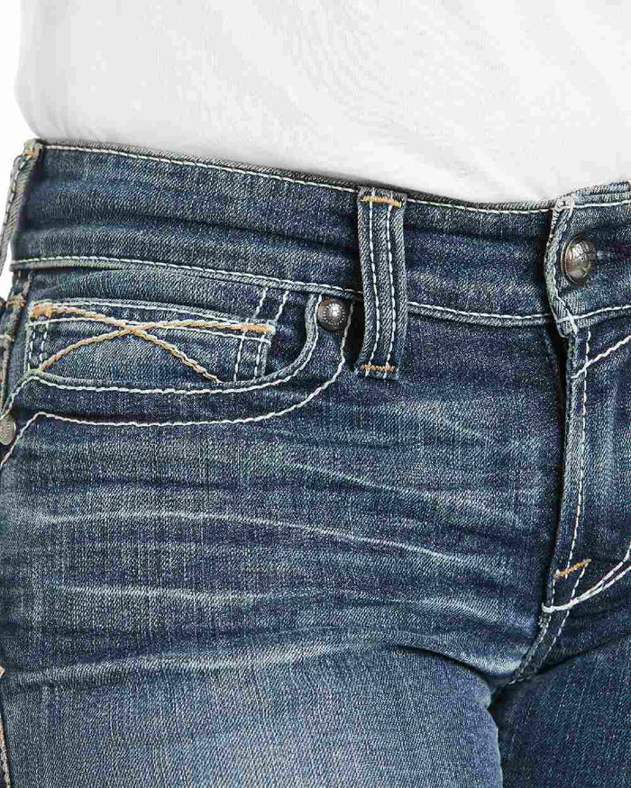 Rainstorm Coloured Ariat Womens Real Mid Rise Stretch Whipstitch Boot Cut Jeans on white background #colour_rainstorm