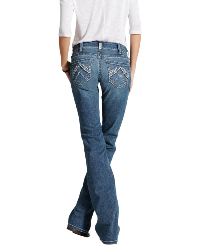 Rainstorm Coloured Ariat Womens Real Mid Rise Stretch Whipstitch Boot Cut Jeans on white background #colour_rainstorm