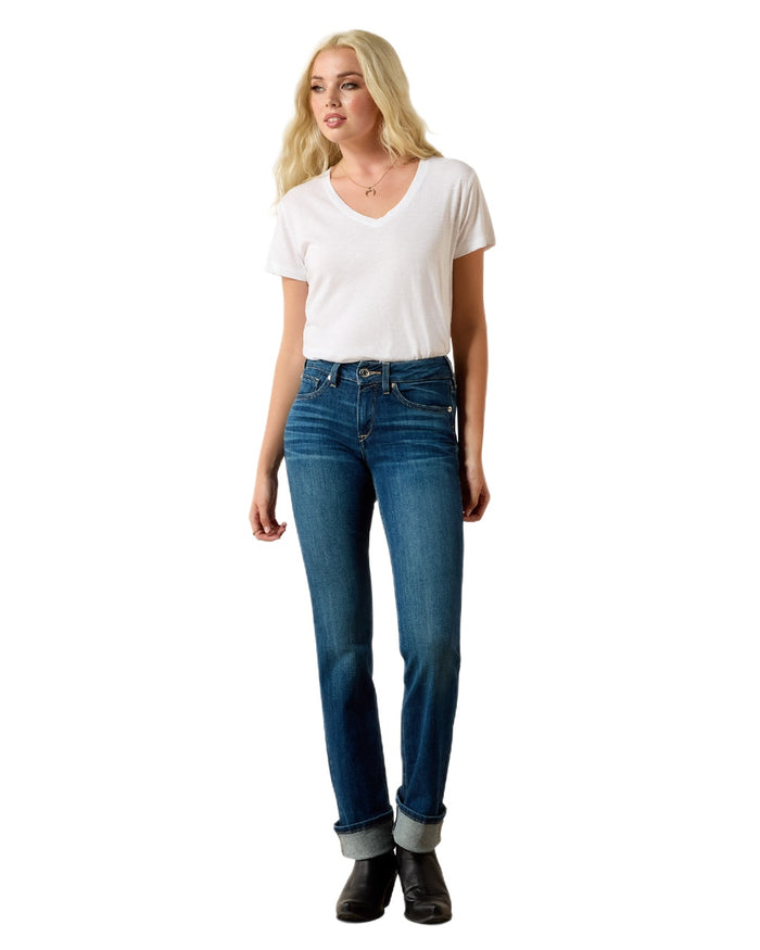 Mackenzie coloured Ariat Womens Real Perfect Rise Abby Straight Jeans on white background #colour_mackenzie