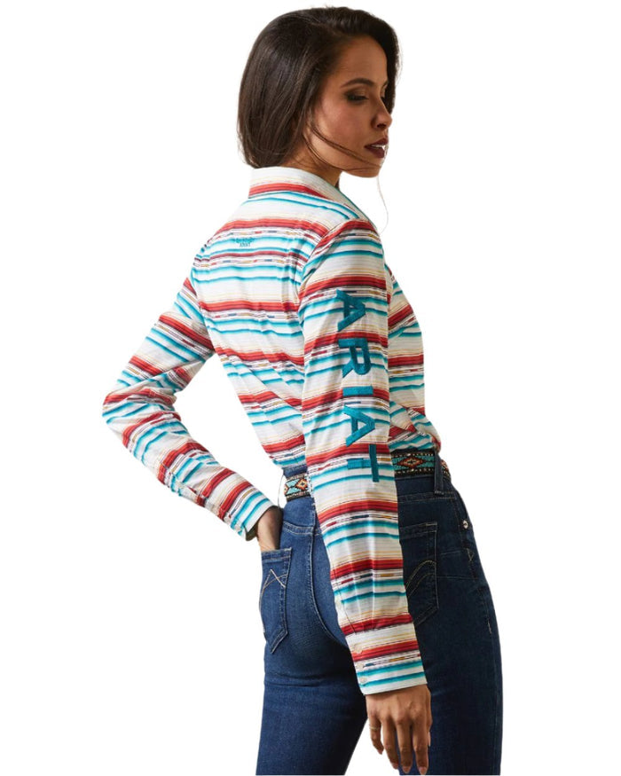 Rosa Serape coloured Ariat Womens Team Kirby Stretch Shirt on white background #colour_rosa-serape