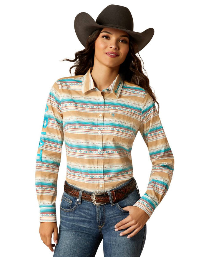 Fallon Serape coloured Ariat Womens Team Kirby Stretch Shirt on white background #colour_fallon-serape