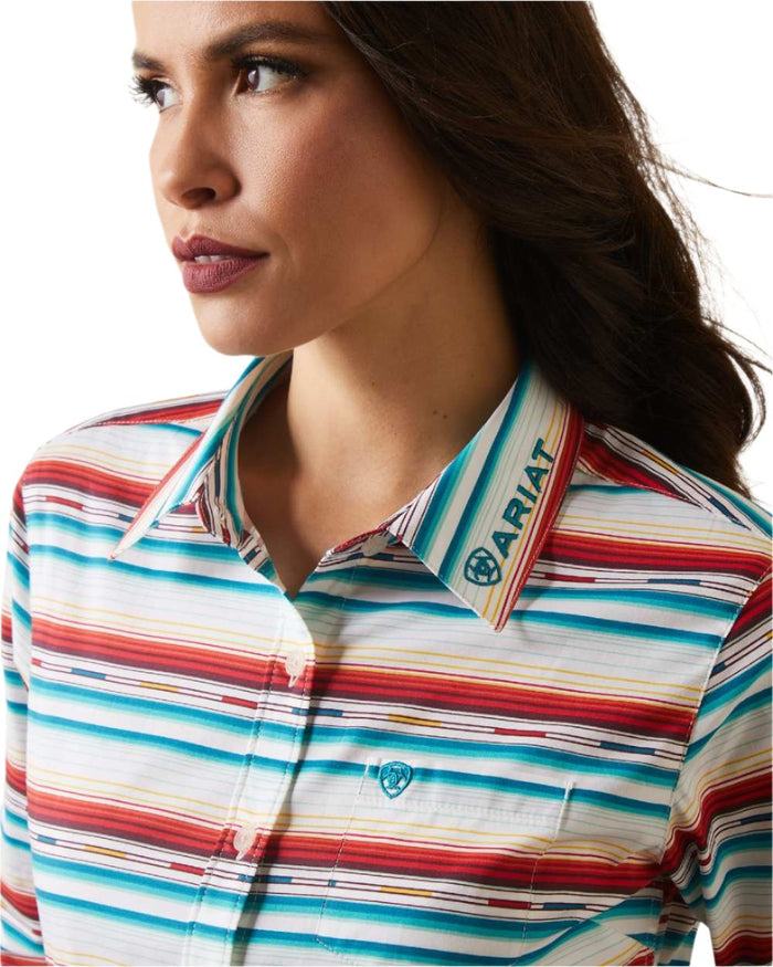 Rosa Serape coloured Ariat Womens Team Kirby Stretch Shirt on white background #colour_rosa-serape