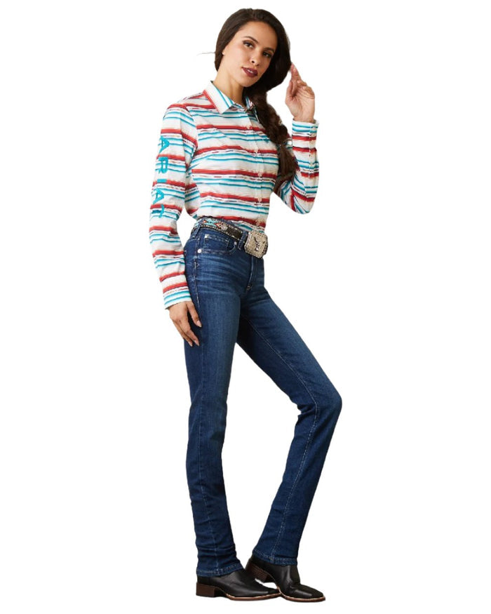 Rosa Serape coloured Ariat Womens Team Kirby Stretch Shirt on white background #colour_rosa-serape