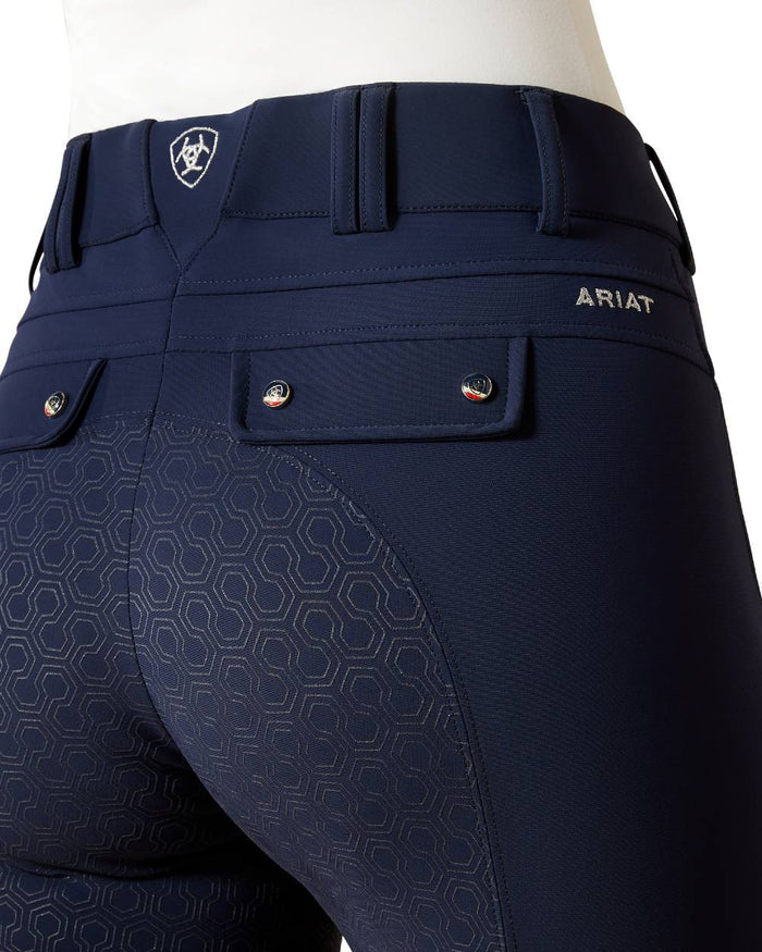 Navy coloured Ariat Womens Tri Factor Grip Full Seat Breeches on white background #colour_navy