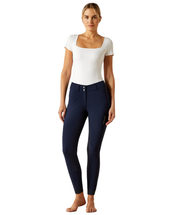 Navy coloured Ariat Womens Tri Factor Grip Full Seat Breeches on white background #colour_navy