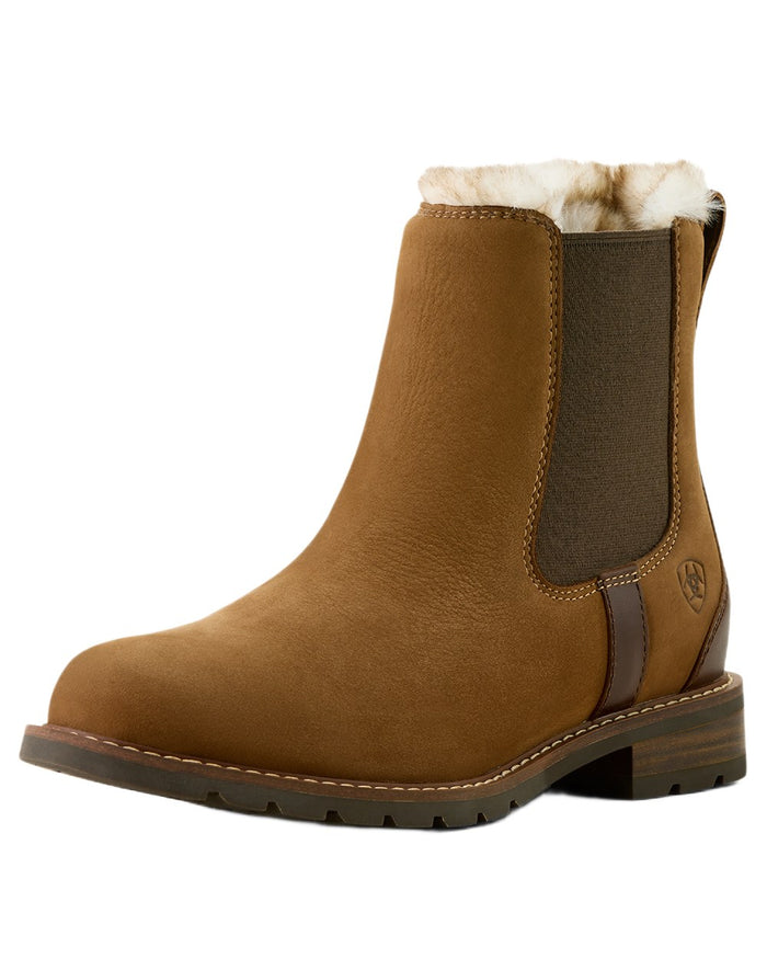 Amber Brown coloured Ariat Womens Wexford Sherpa Waterproof Chelsea Boots on white background #colour_amber-brown