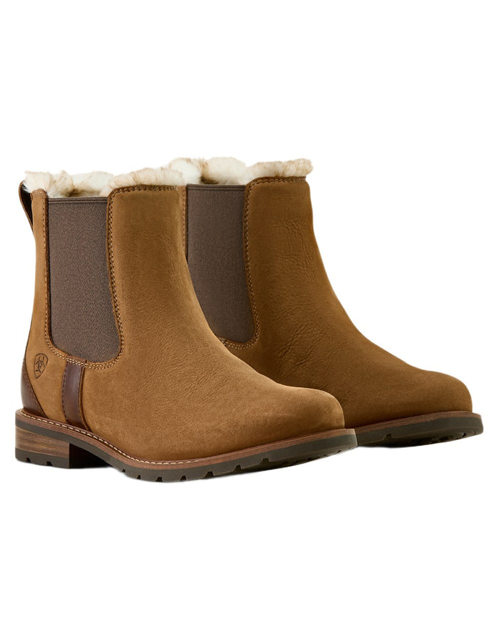 Amber Brown coloured Ariat Womens Wexford Sherpa Waterproof Chelsea Boots on white background #colour_amber-brown