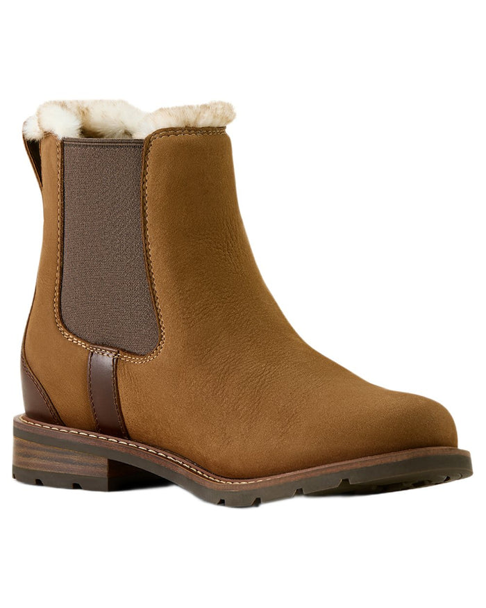 Amber Brown coloured Ariat Womens Wexford Sherpa Waterproof Chelsea Boots on white background #colour_amber-brown