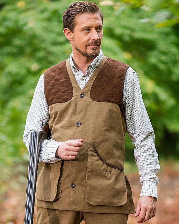Camel Coloured Baleno Dolman Gilet on blurry background #colour_camel