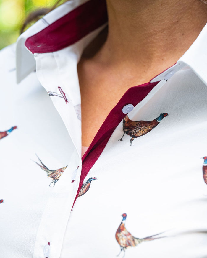 Pheasant Print Coloured Baleno Laura Shirt on blurry background #colour_pheasant-print