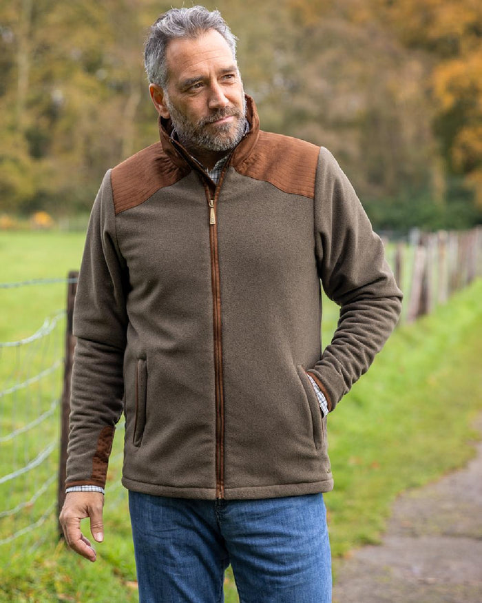 Moss Green Coloured Baleno Mens Woodlands Fancy Fleece Jacket With Waterproof Lining on countryside background #colour_moss-green