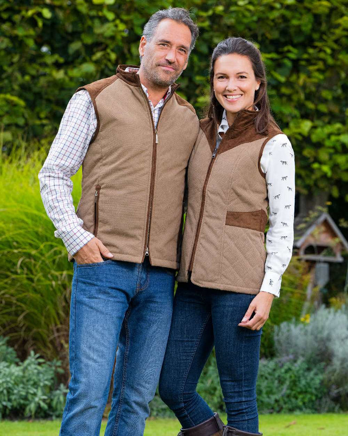 Camel Coloured Baleno Scott Quilted Mens Bodywarmer on countryside background #colour_camel