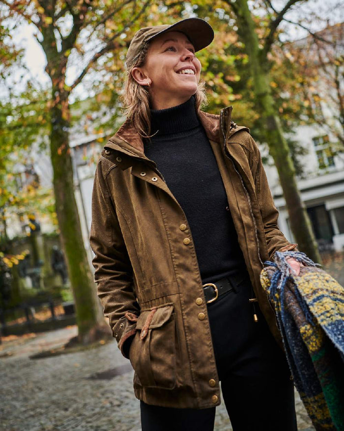 Pine Green Coloured Baleno Womens Ladywood Fashionable Country Jacket on countryside background #colour_pine-green