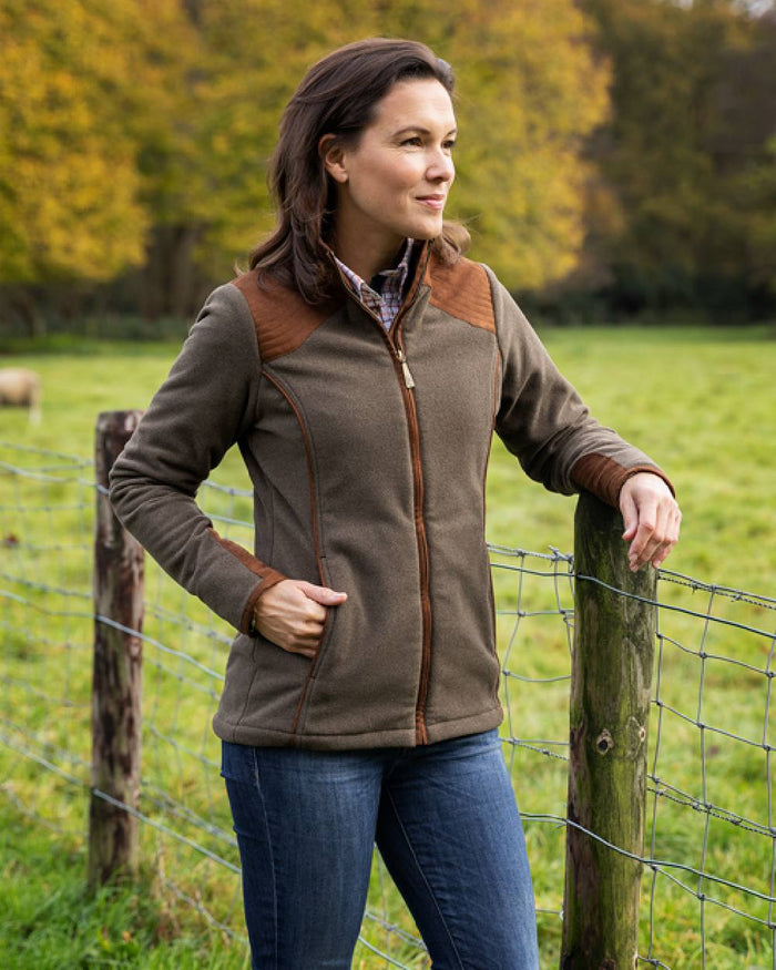 Moss Green Coloured Baleno Womens Sutton Fancy Fleece Jacket With Waterproof Lining on countryside background #colour_moss-green