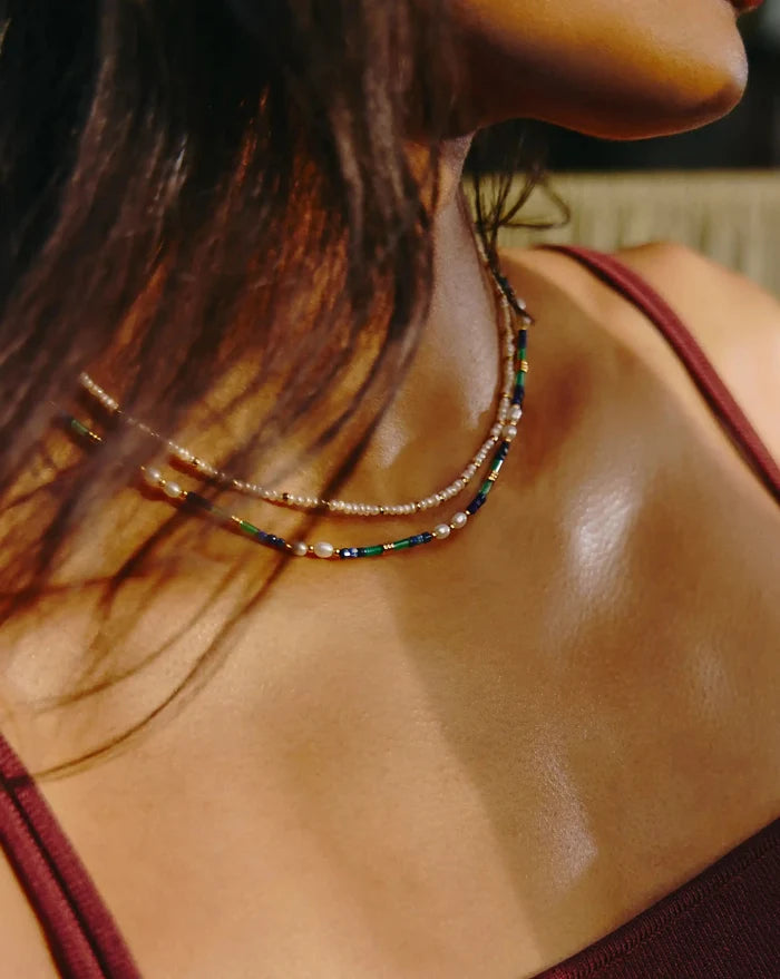 Beaded Gemstone & Pearl Short Necklace | 18ct Gold Plated/Lagoon Blue Necklaces Missoma