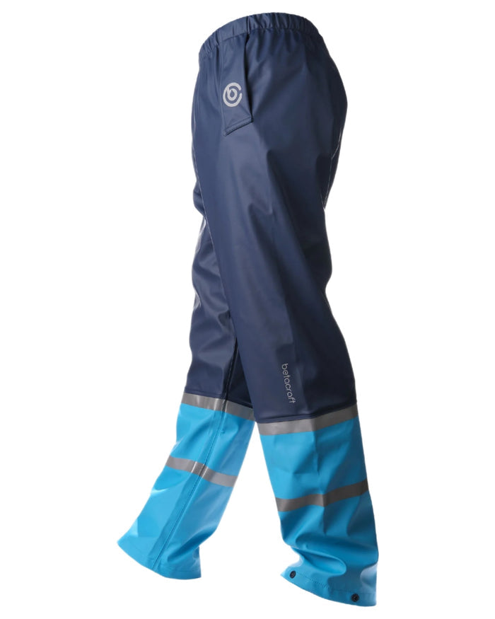 Navy Pale Bluecoloured Betacraft Childrens Tuffbak Overtrousers on white background #colour_navy-pale-blue
